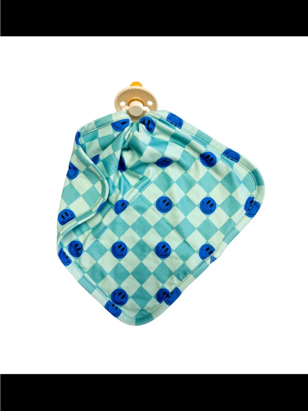 Kids Pacifier Lovey in Aqua Check with Blue Smiley Faces